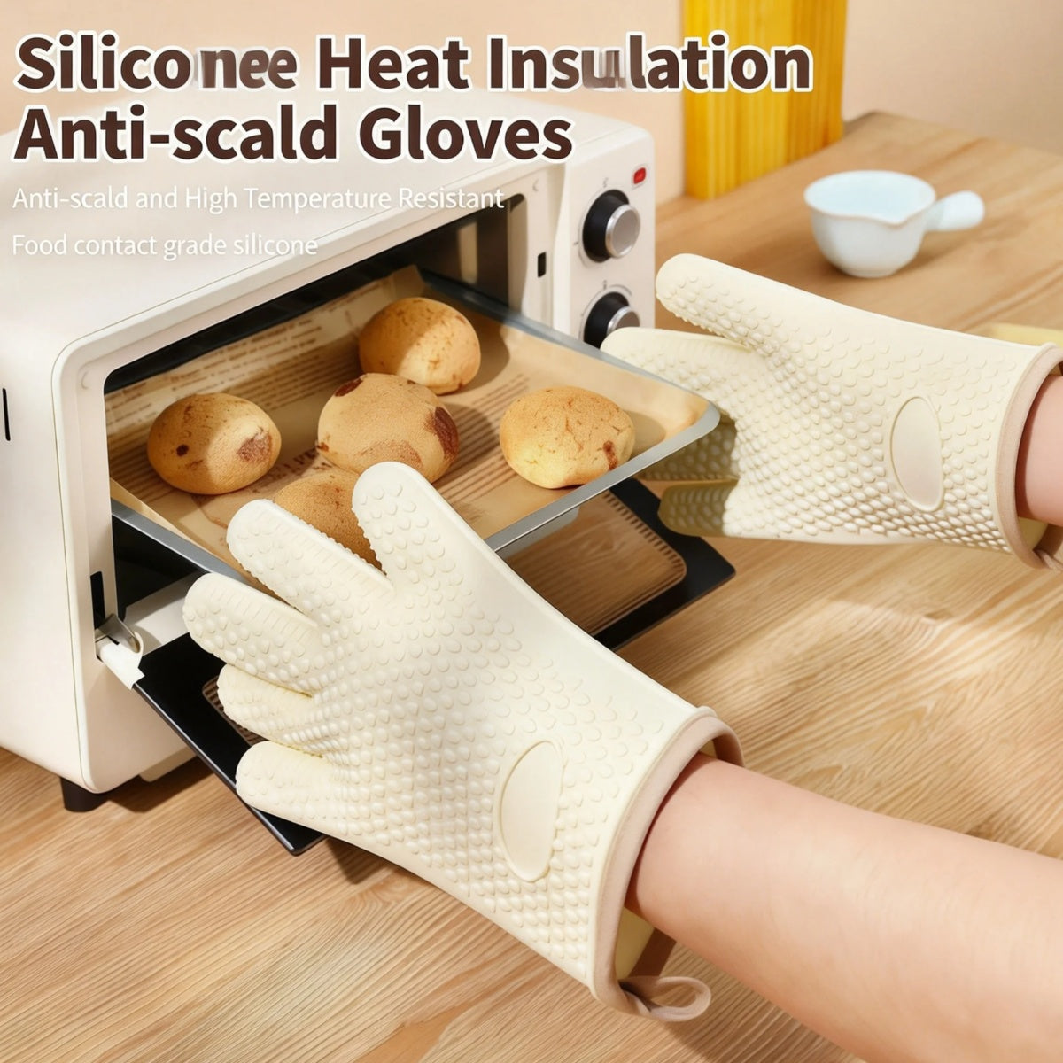 Silicone Oven Mitts Heat Resistant, Thick 5-Finger Kitchen Gloves With Cotton Lining For Baking BBQ Cooking, Non-Slip Waterproof Protective Gloves For Hot Pot Handling