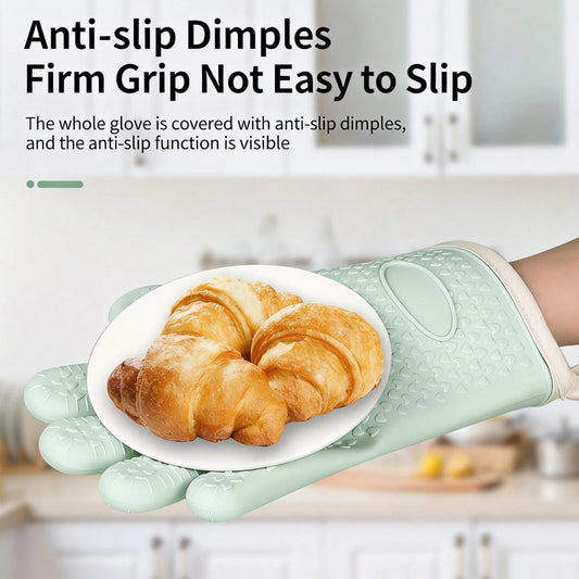 Silicone Oven Mitts Heat Resistant, Thick 5-Finger Kitchen Gloves With Cotton Lining For Baking BBQ Cooking, Non-Slip Waterproof Protective Gloves For Hot Pot Handling
